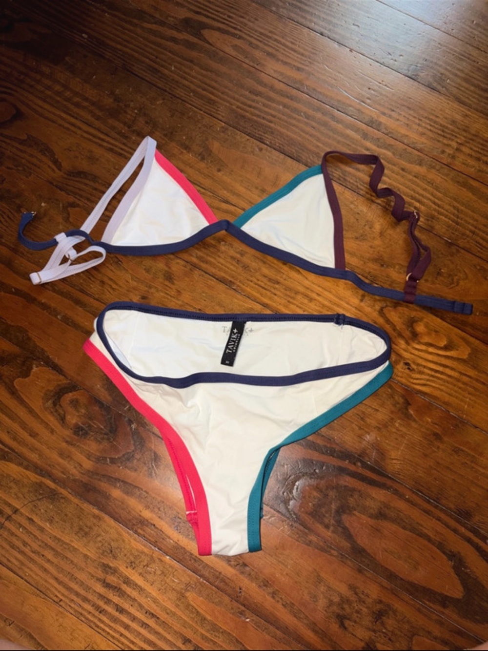 Tavik White Triangle Bikini with Pink, Teal & Purple Trim